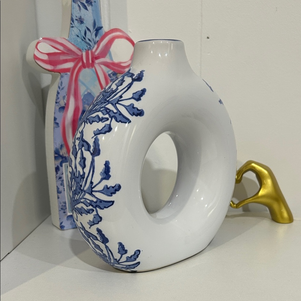 Hobby Lobby White Ceramic Ring Candle Holder with Blue Botanical Design